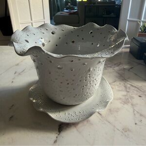 Anthropologie White Ceramic Scalloped Planter with Saucer